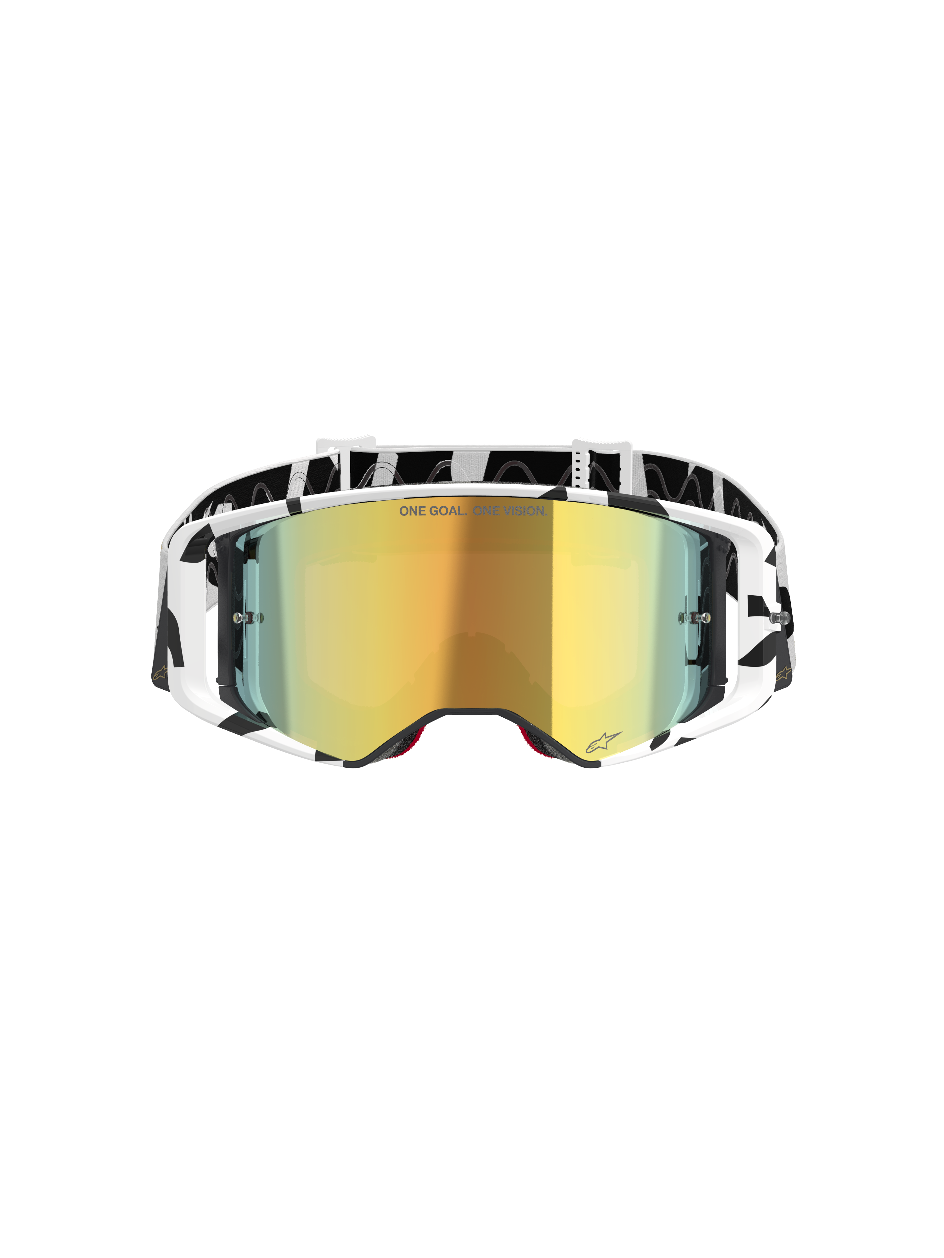 Alpinestars Supertech Corp Goggles Absolute Vision, motorcrossbril, wit en goud gespiegeld, voorzien van een zwart-wit grafisch frame en band, goudkleurige spiegellens met 'ONE GOAL. ONE VISION.' tekst, hoogwaardige off-road bril