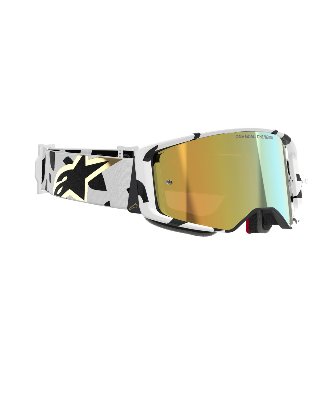 Alpinestars Supertech Corp Goggles Absolute Vision, motorcrossbril, wit frame met zwarte grafische patronen, Gold Mirror lens, witte en zwarte band met gouden Alpinestars-logo, hoogwaardige beschermende bril voor racen.