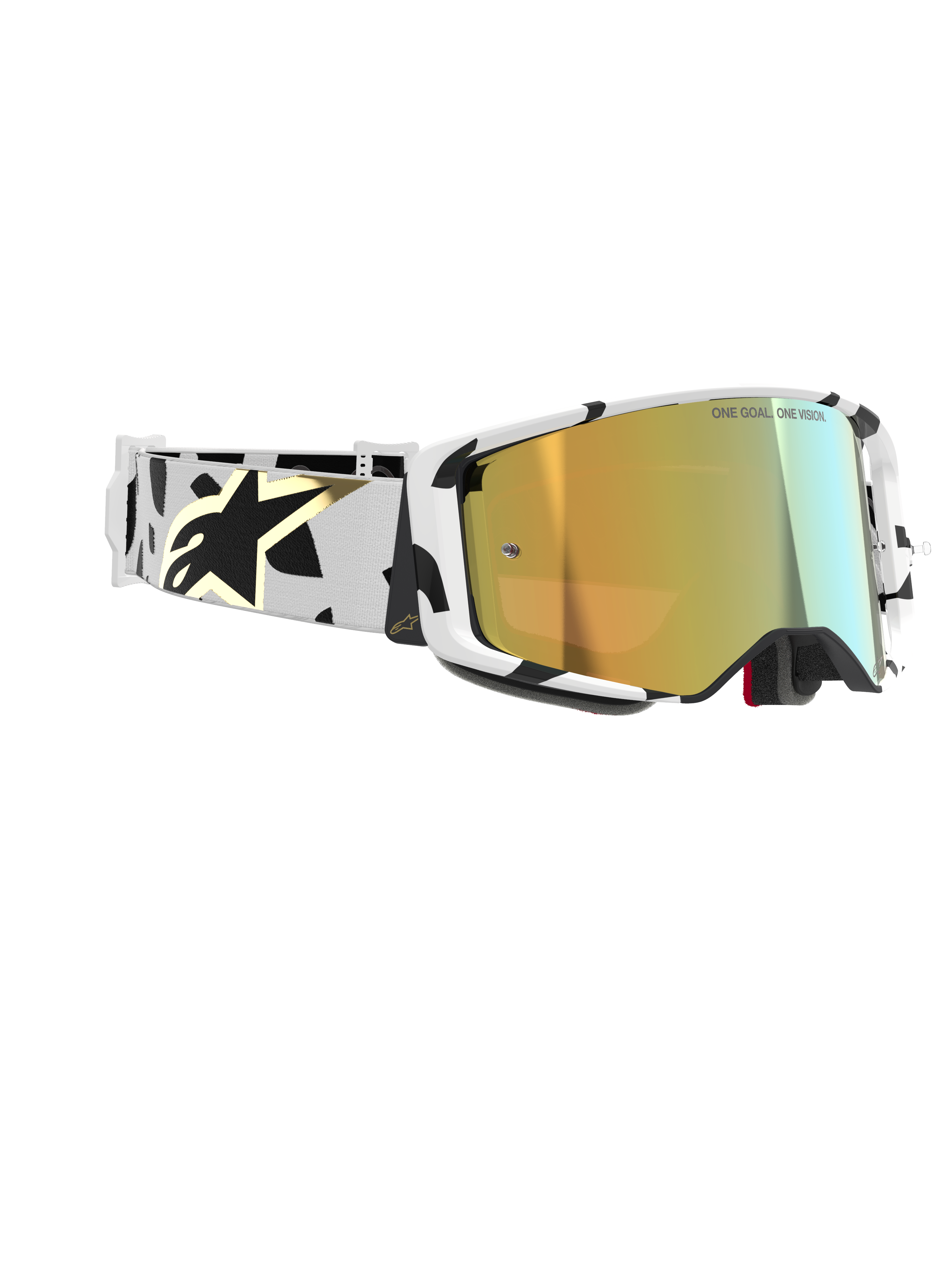 Alpinestars Supertech Corp Goggles Absolute Vision, motorcrossbril, wit frame met zwarte grafische patronen, Gold Mirror lens, witte en zwarte band met gouden Alpinestars-logo, hoogwaardige beschermende bril voor racen.
