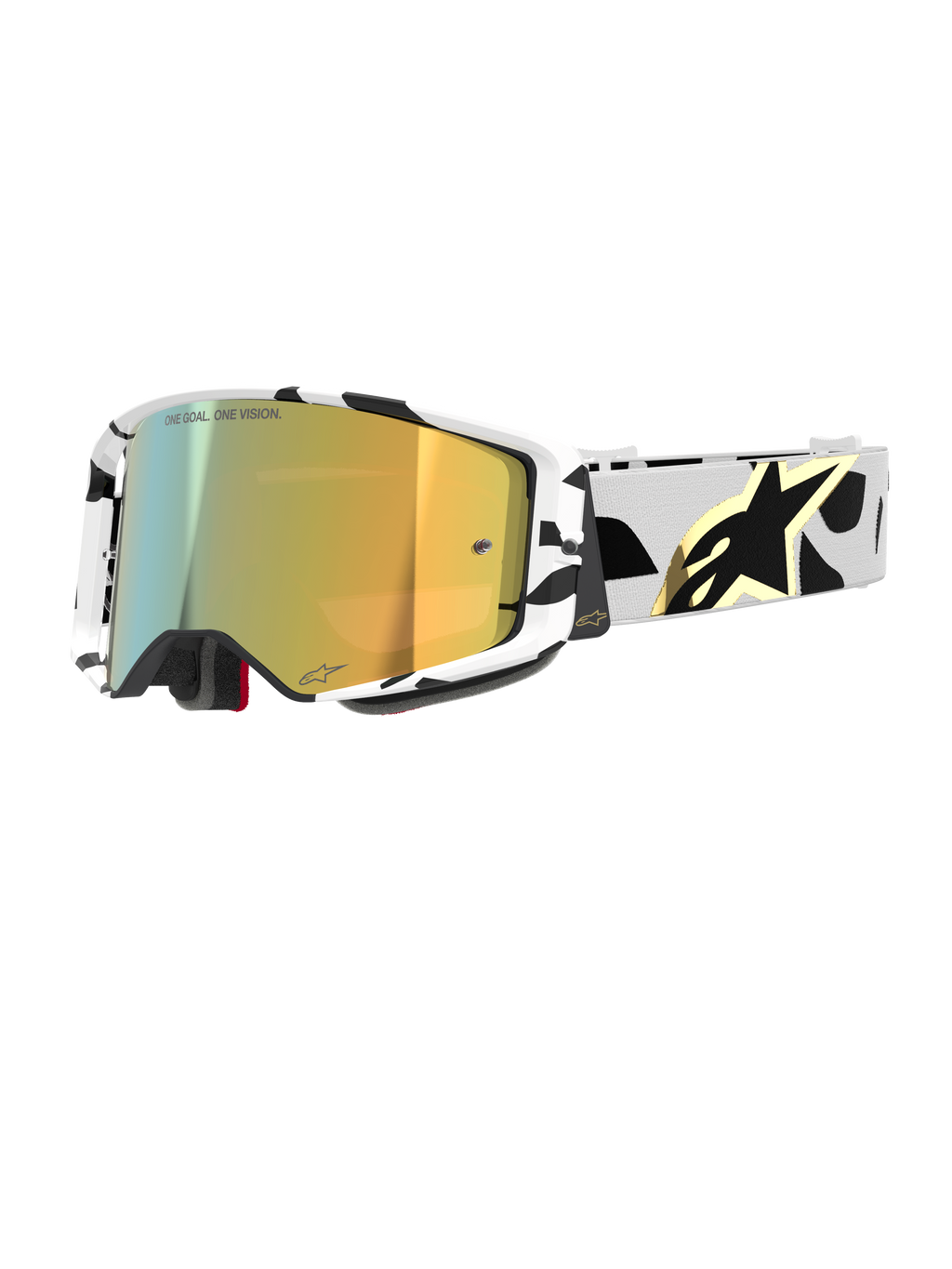 Alpinestars Supertech Corp Goggles Absolute Vision, motorcrossbril, wit en zwart frame met patroon en gouden spiegellens, brede band met zwart abstract ontwerp en gouden Alpinestars-logo, "ONE GOAL. ONE VISION." branding op de lens, hoogwaardige race-uitrusting.