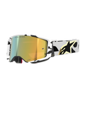 Alpinestars Supertech Corp Goggles Absolute Vision, motorcrossbril, wit en zwart frame met patroon en gouden spiegellens, brede band met zwart abstract ontwerp en gouden Alpinestars-logo, "ONE GOAL. ONE VISION." branding op de lens, hoogwaardige race-uitrusting.