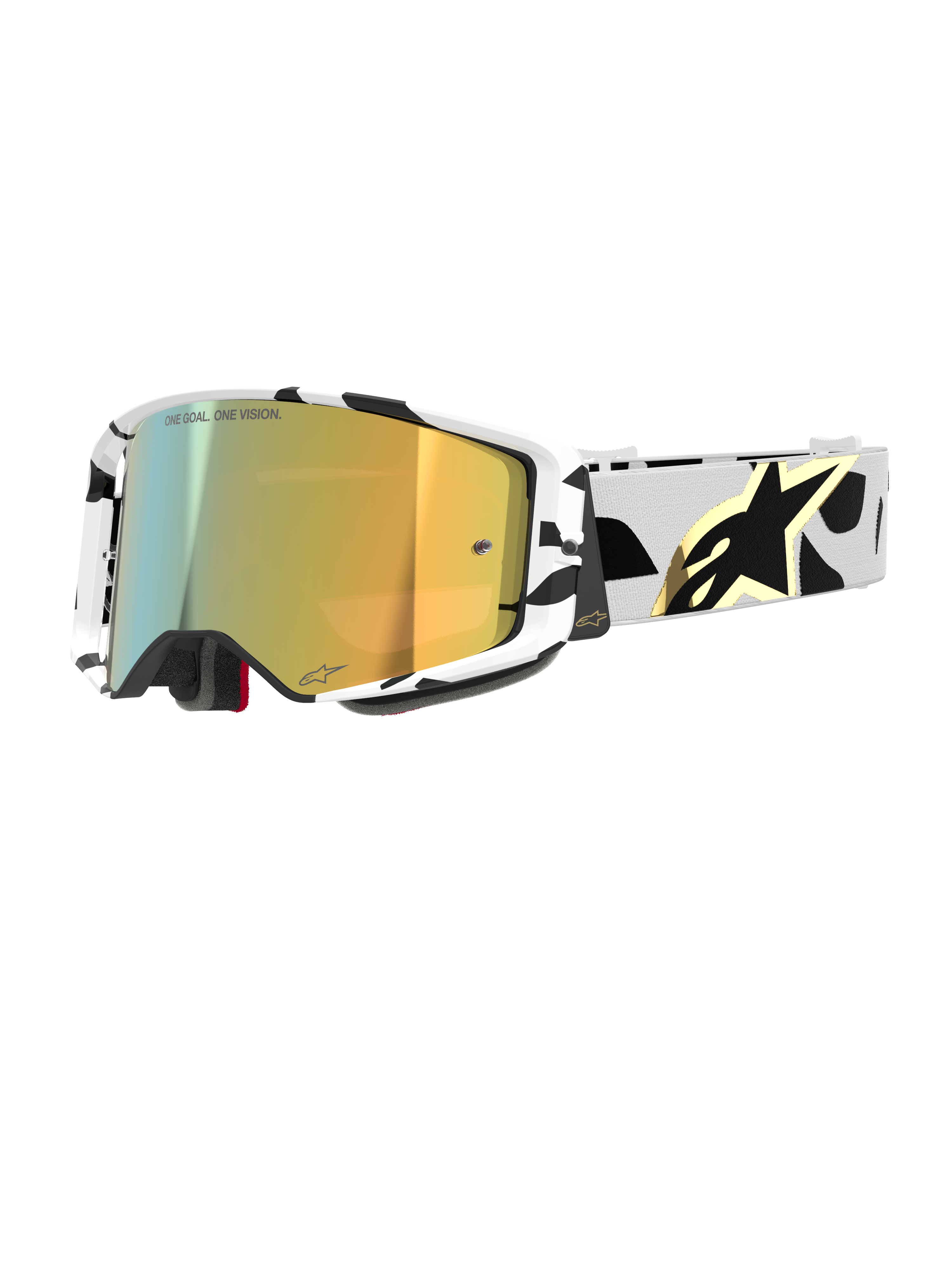 Alpinestars Supertech Corp Goggles Absolute Vision, motorcrossbril, wit en zwart frame met patroon en gouden spiegellens, brede band met zwart abstract ontwerp en gouden Alpinestars-logo, "ONE GOAL. ONE VISION." branding op de lens, hoogwaardige race-uitrusting.