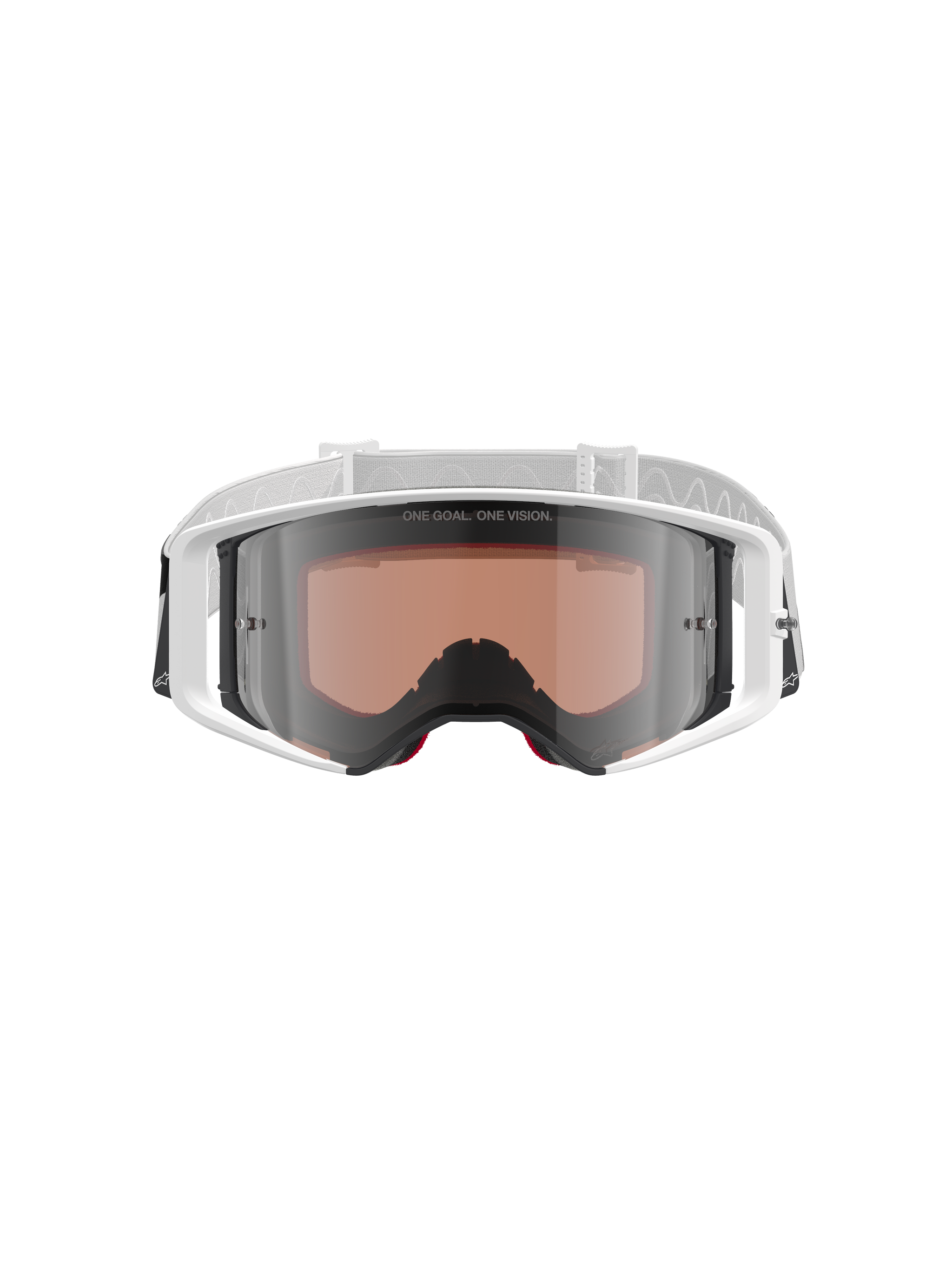 Alpinestars Supertech Corp Goggles Absolute Vision, Motocross Goggles, White and Mirror Silver, front view featuring a white frame and silver mirrored lens with "ONE GOAL. ONE VISION." text, adjustable white strap with Alpinestars logo, high-performance protective eyewear for off-road racing
