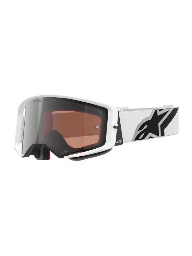 Alpinestars Supertech Corp Goggles Absolute Vision, motocrossbril, wit frame met Silver Mirror lens, brede witte verstelbare band met een groot zwart Alpinestars ster-logo, hoogwaardige beschermende eyewear voor off-road racen