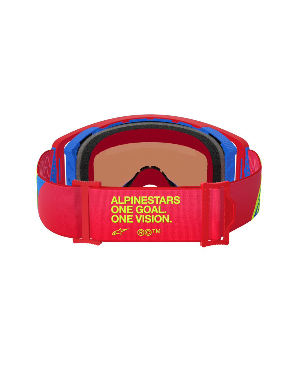 Alpinestars Supertech Corp Goggles Absolute Vision, achteraanzicht, rood en blauw frame, rode elastische band met gele 'One Goal. One Vision.' tekst, meerlaags zwart gezichtsschuim, hoogwaardige motorcrossbril