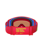 Alpinestars Supertech Corp Goggles Absolute Vision, achteraanzicht, rood en blauw frame, rode elastische band met gele 'One Goal. One Vision.' tekst, meerlaags zwart gezichtsschuim, hoogwaardige motorcrossbril
