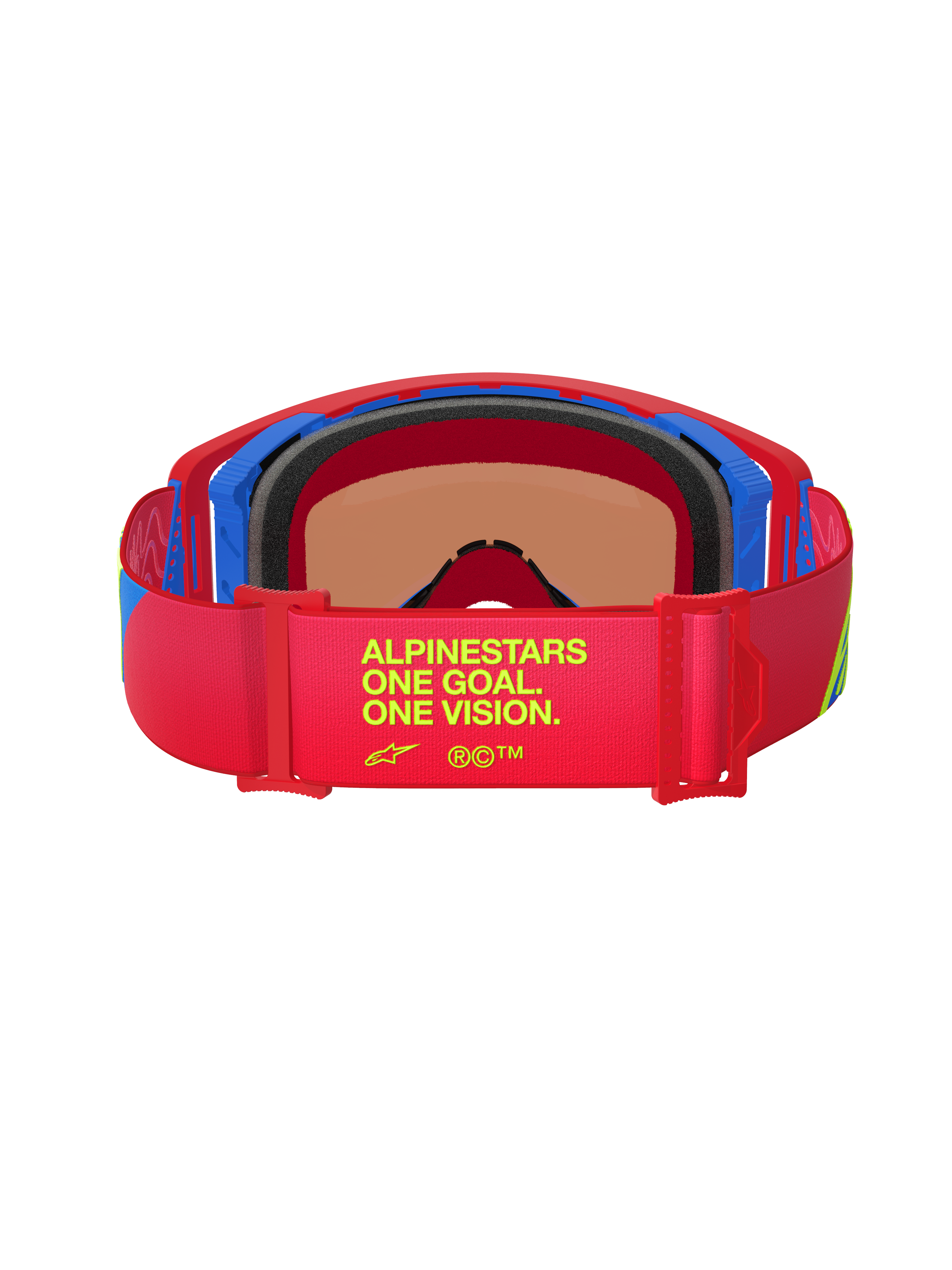Alpinestars Supertech Corp Goggles Absolute Vision, achteraanzicht, rood en blauw frame, rode elastische band met gele 'One Goal. One Vision.' tekst, meerlaags zwart gezichtsschuim, hoogwaardige motorcrossbril
