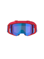 Alpinestars Supertech Corp Goggles Absolute Vision, motorcrossbril, rood en blauw met Mirror Blue lens, met een opvallend rood frame met blauwe accenten, rode band met patroon en 'ONE GOAL... ONE VISION.' tekst op de lens.