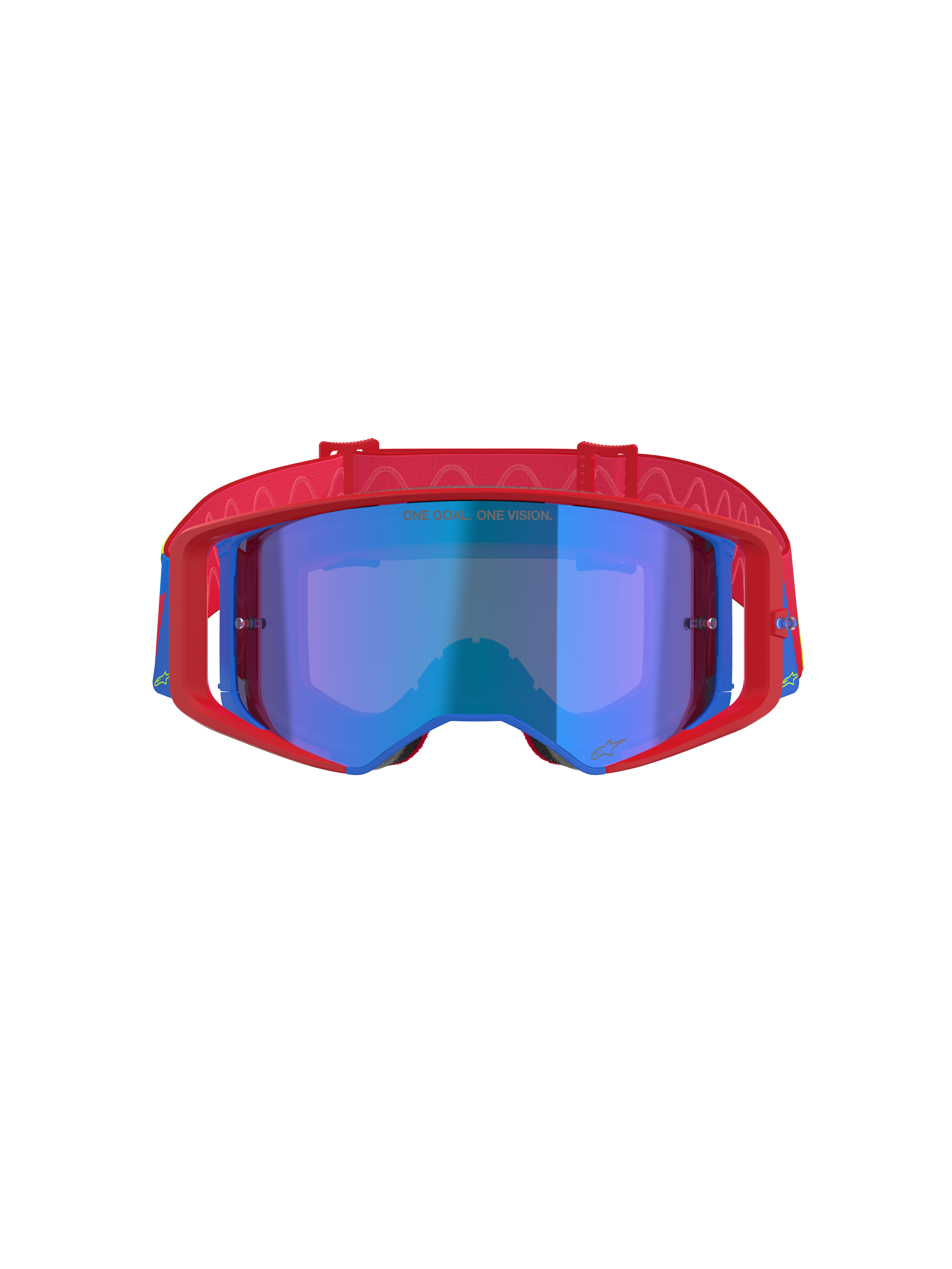 Alpinestars Supertech Corp Goggles Absolute Vision, motorcrossbril, rood en blauw met Mirror Blue lens, met een opvallend rood frame met blauwe accenten, rode band met patroon en 'ONE GOAL... ONE VISION.' tekst op de lens.