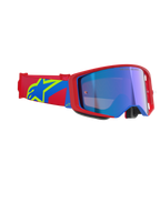 Alpinestars Supertech Corp Goggles Absolute Vision, motorcrossbril, rood en blauw montuur met Mirror Blue lens, rode en blauwe band met een geel Alpinestars sterlogo, professionele off-road racebril