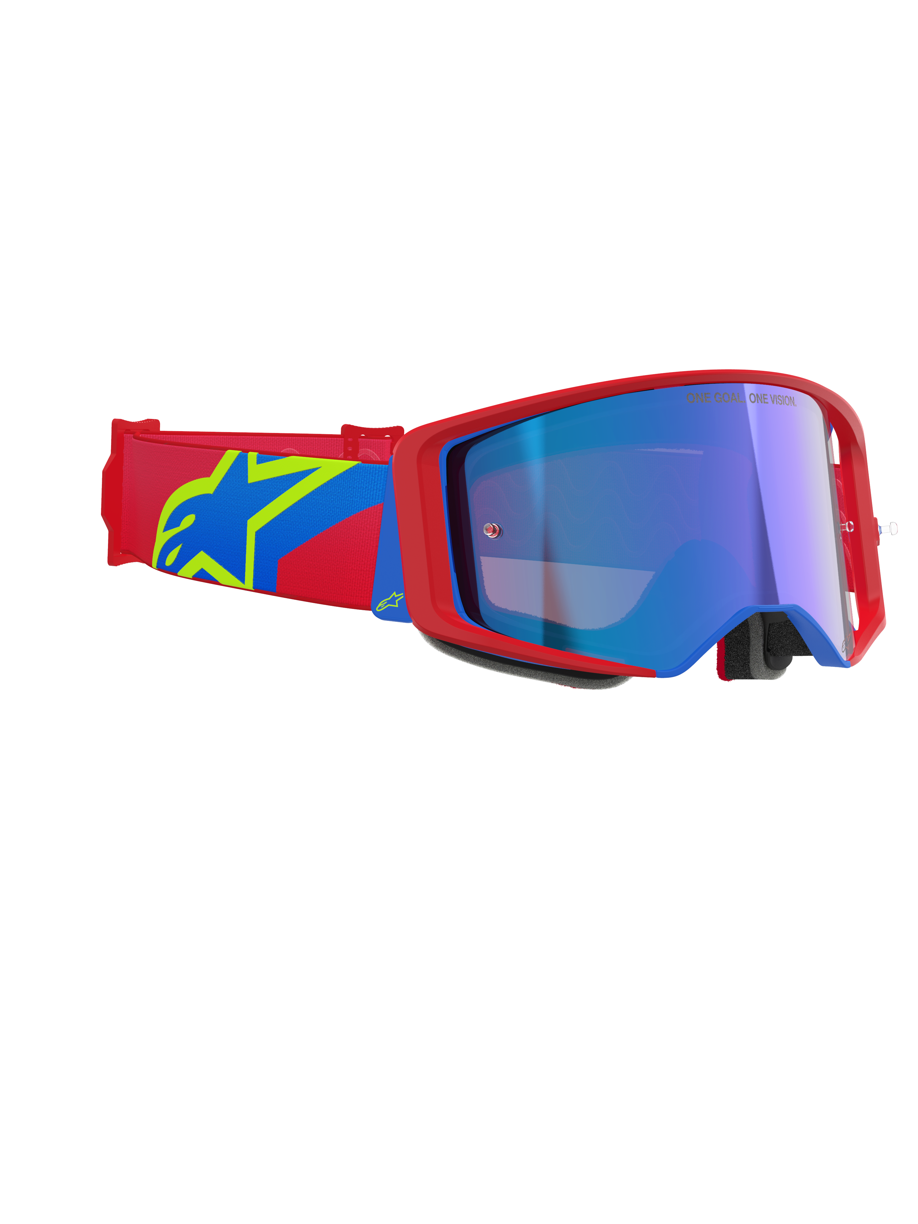 Alpinestars Supertech Corp Goggles Absolute Vision, motorcrossbril, rood en blauw montuur met Mirror Blue lens, rode en blauwe band met een geel Alpinestars sterlogo, professionele off-road racebril