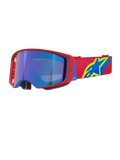 Alpinestars Supertech Corp Goggles Absolute Vision, motorcrossbril, rood en blauw montuur met Mirror Blue lens, rode band met opvallend geel en blauw Alpinestars-logo, hoogwaardige eyewear voor off-road en racen