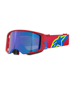 Alpinestars Supertech Corp Goggles Absolute Vision, motorcrossbril, rood en blauw montuur met Mirror Blue lens, rode band met opvallend geel en blauw Alpinestars-logo, hoogwaardige eyewear voor off-road en racen