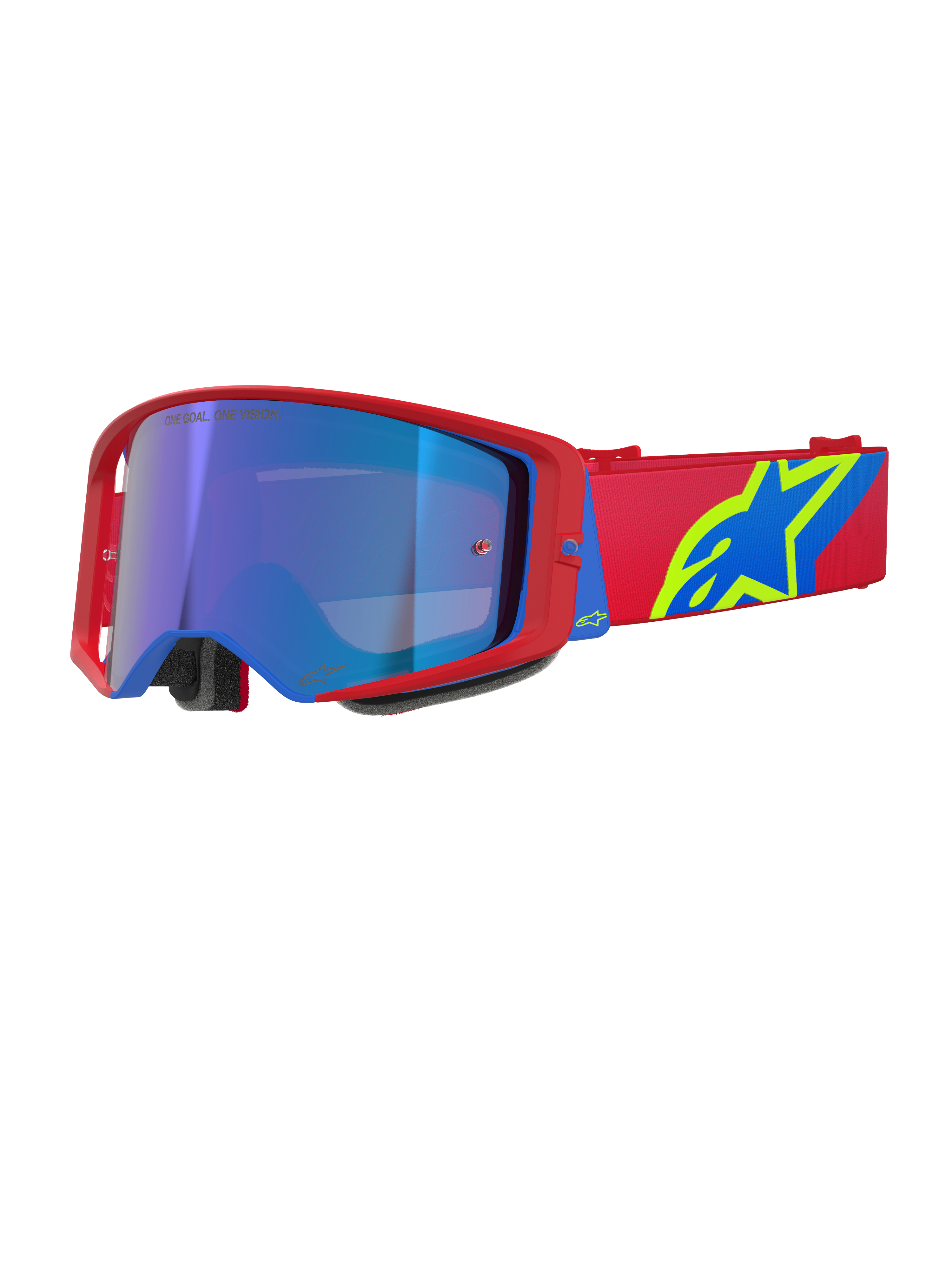 Alpinestars Supertech Corp Goggles Absolute Vision, motorcrossbril, rood en blauw montuur met Mirror Blue lens, rode band met opvallend geel en blauw Alpinestars-logo, hoogwaardige eyewear voor off-road en racen