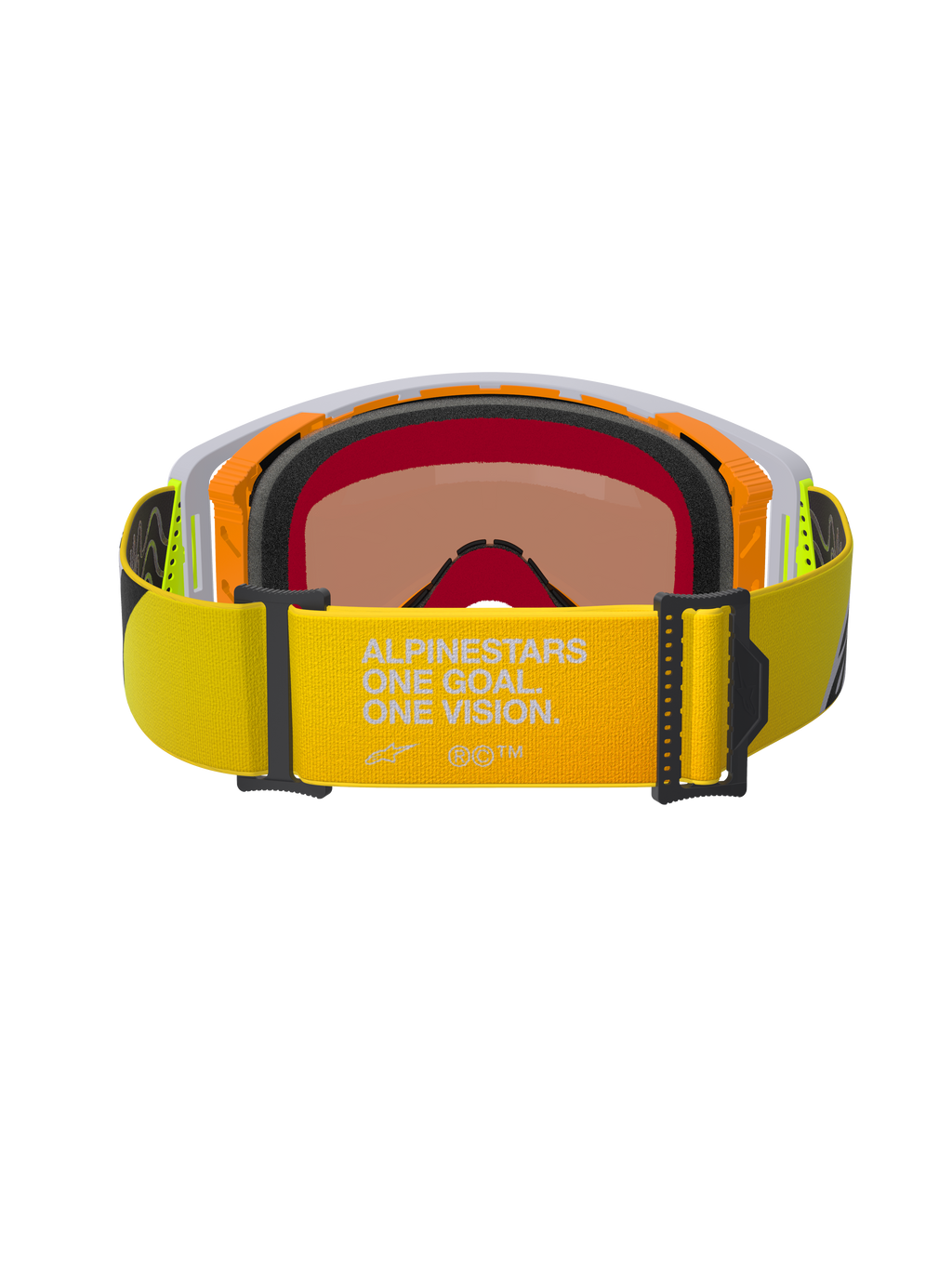 Alpinestars Supertech Corp Goggles Absolute Vision, achteraanzicht, fluorgele band met "ALPINESTARS ONE GOAL. ONE VISION." branding, oranje en grijs frame met meerlaags zwart gezichtsschuim, warm getinte spiegellens, hoogwaardige motorcrossbril