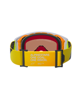 Alpinestars Supertech Corp Goggles Absolute Vision, achteraanzicht, fluorgele band met "ALPINESTARS ONE GOAL. ONE VISION." branding, oranje en grijs frame met meerlaags zwart gezichtsschuim, warm getinte spiegellens, hoogwaardige motorcrossbril