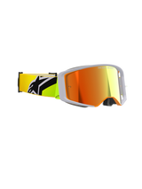 Alpinestars Supertech Corp Goggles Absolute Vision, motorcrossbril, fluo geel en grijs, Mirror Red-lens, zijaanzicht met een breed perifeer zicht en een fluo gele band met een opvallend zwart Alpinestars-logo, professionele off-road race-uitrusting.