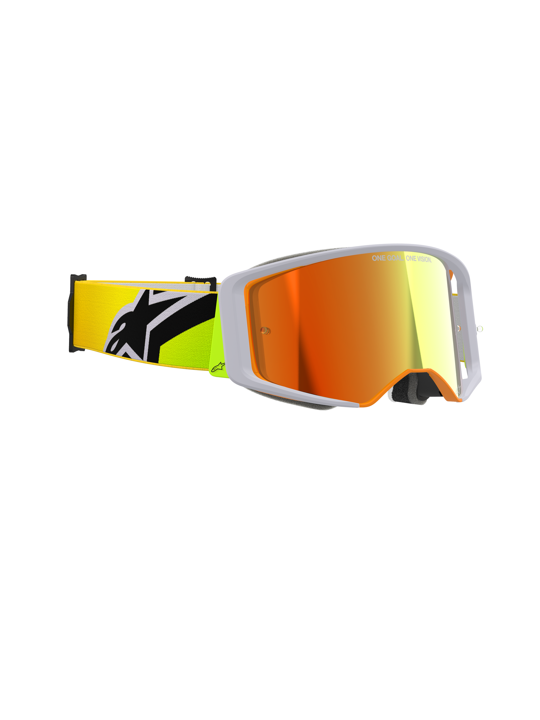 Alpinestars Supertech Corp Goggles Absolute Vision, motorcrossbril, fluo geel en grijs, Mirror Red-lens, zijaanzicht met een breed perifeer zicht en een fluo gele band met een opvallend zwart Alpinestars-logo, professionele off-road race-uitrusting.