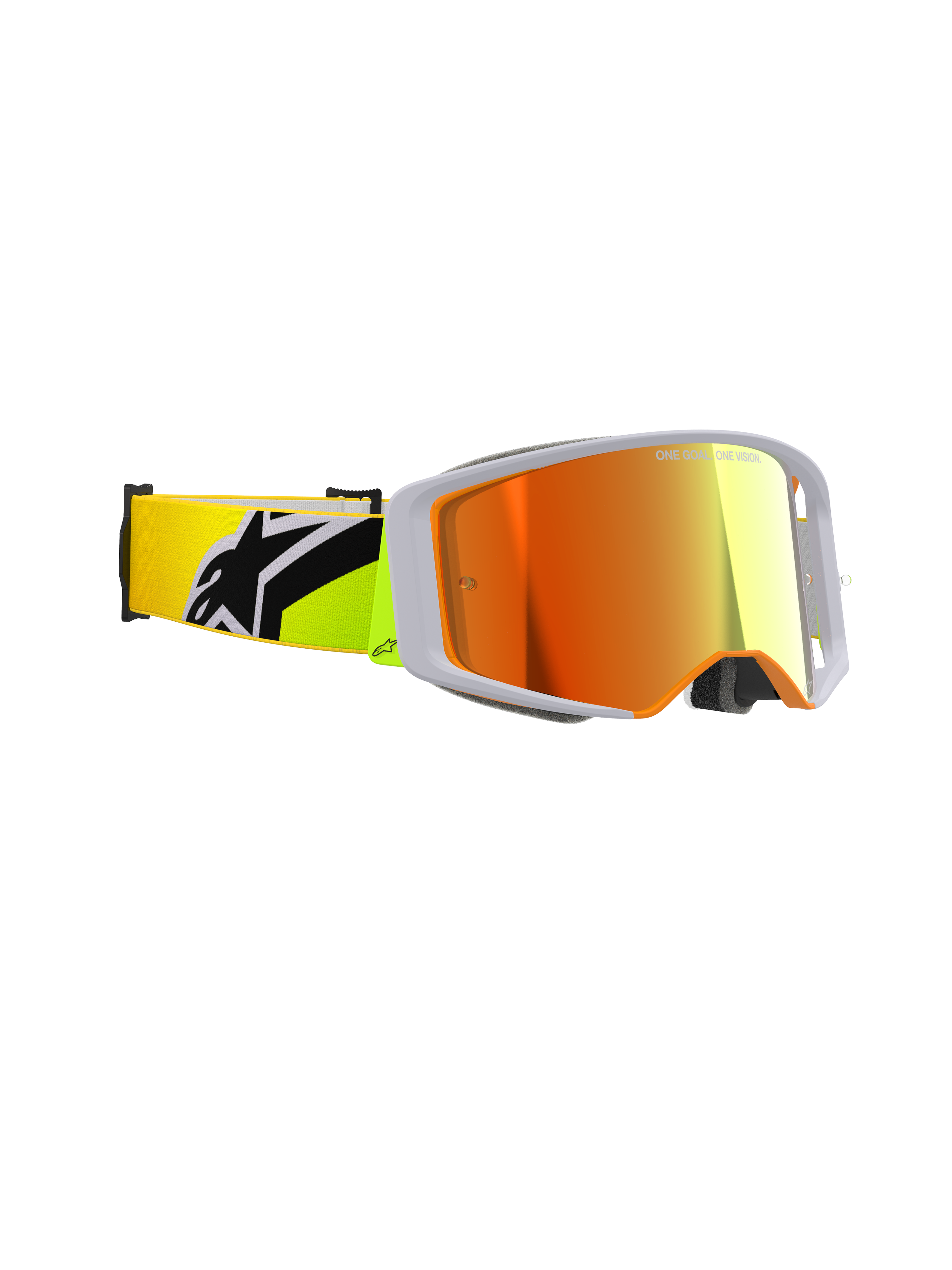 Alpinestars Supertech Corp Goggles Absolute Vision, motorcrossbril, fluo geel en grijs, Mirror Red-lens, zijaanzicht met een breed perifeer zicht en een fluo gele band met een opvallend zwart Alpinestars-logo, professionele off-road race-uitrusting.