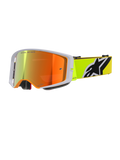 Alpinestars Supertech Corp Goggles Absolute Vision, motorcrossbril, fluorgeel en grijs, rood gespiegelde lens met 'One Goal. One Vision.' tekst, fluorgele band met opvallend zwart-wit Alpinestars logo, hoogwaardige off-road bril
