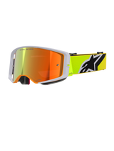 Alpinestars Supertech Corp Goggles Absolute Vision, motorcrossbril, fluorgeel en grijs, rood gespiegelde lens met 'One Goal. One Vision.' tekst, fluorgele band met opvallend zwart-wit Alpinestars logo, hoogwaardige off-road bril