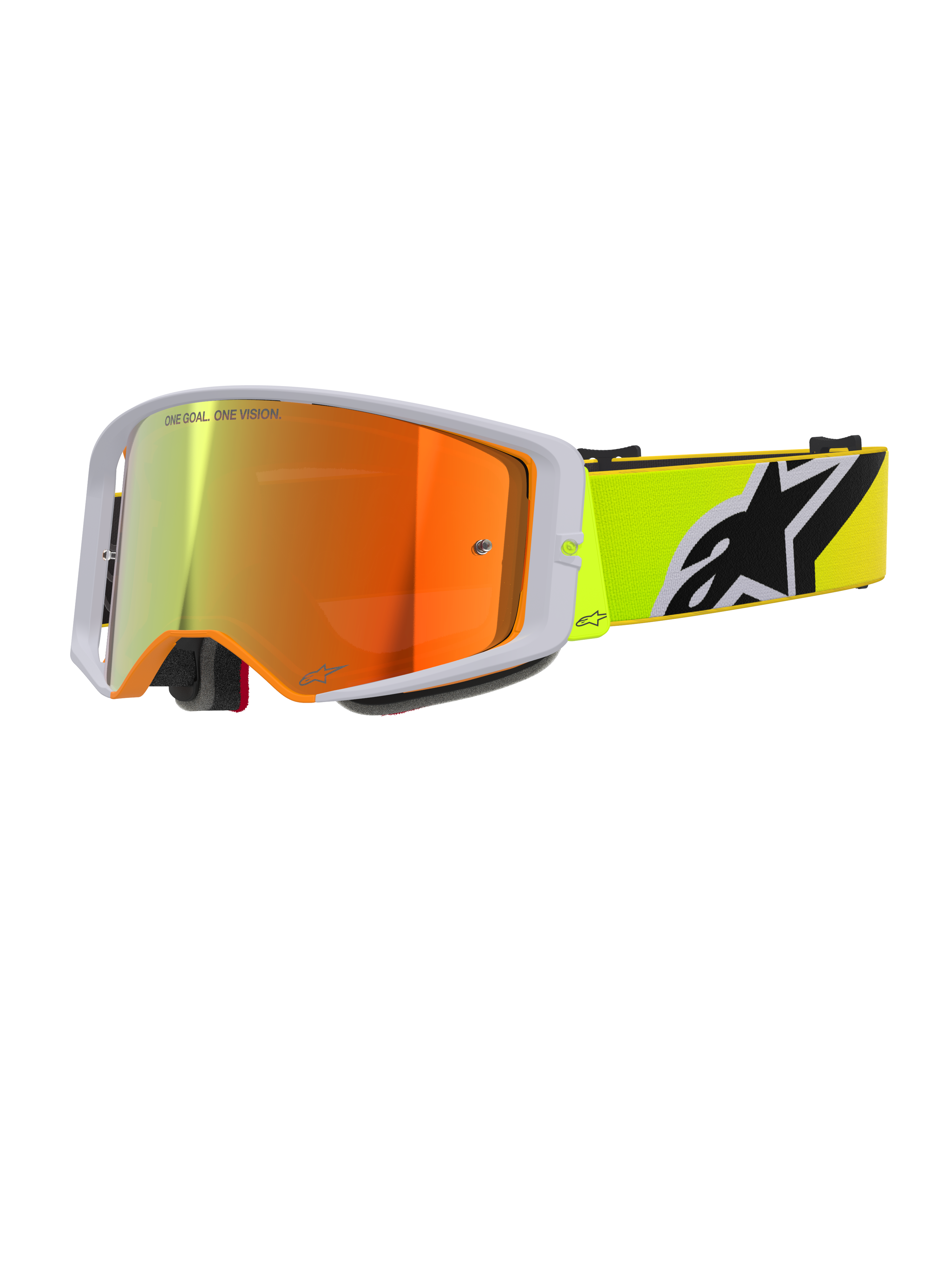 Alpinestars Supertech Corp Goggles Absolute Vision, motorcrossbril, fluorgeel en grijs, rood gespiegelde lens met 'One Goal. One Vision.' tekst, fluorgele band met opvallend zwart-wit Alpinestars logo, hoogwaardige off-road bril