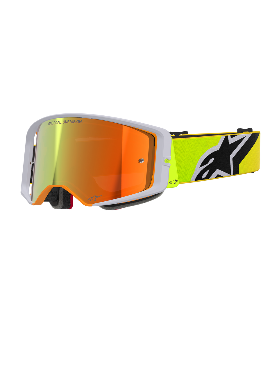 Alpinestars Supertech Corp Goggles Absolute Vision, motorcrossbril, fluorgeel en grijs, rood gespiegelde lens met 'One Goal. One Vision.' tekst, fluorgele band met opvallend zwart-wit Alpinestars logo, hoogwaardige off-road bril