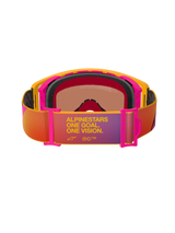 Alpinestars Supertech Corp Absolute Vision crossbril, motorcross bril, geel en roze frame met meerkleurige gradiënt band, achteraanzicht met zwart meerlaags gezichtsschuim en 'ALPINESTARS ONE GOAL. ONE VISION.' tekst, hoogwaardige off-road oogbescherming