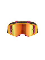 Alpinestars Supertech Corp Goggles Absolute Vision, motorcrossbril, geel en roze frame met rode spiegelende lens, vooraanzicht, voorzien van 'ONE GOAL. ONE VISION.' tekst op de lens, verstelbare zwarte band met siliconen grip