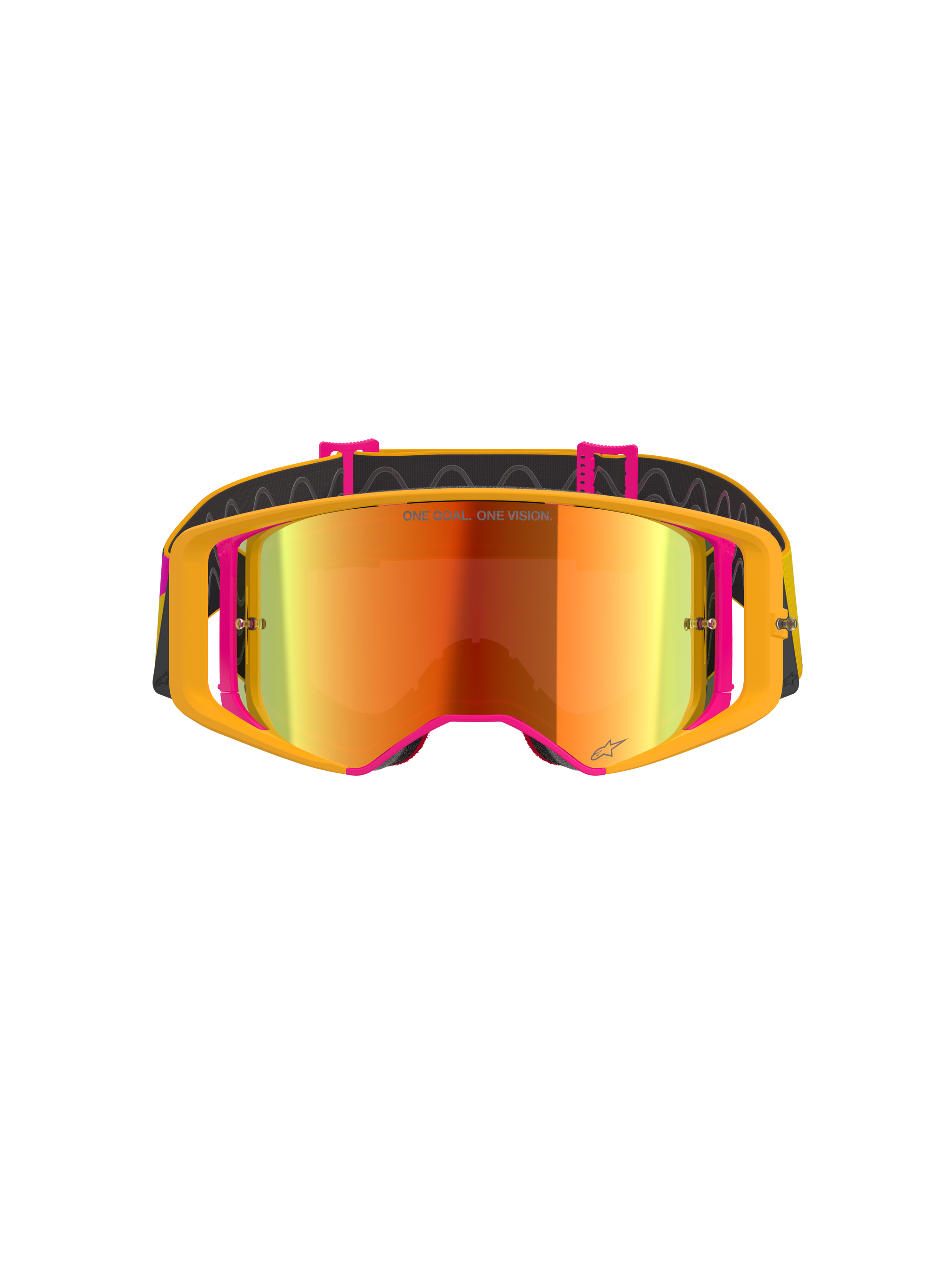 Alpinestars Supertech Corp Goggles Absolute Vision, motorcrossbril, geel en roze frame met rode spiegelende lens, vooraanzicht, voorzien van 'ONE GOAL. ONE VISION.' tekst op de lens, verstelbare zwarte band met siliconen grip
