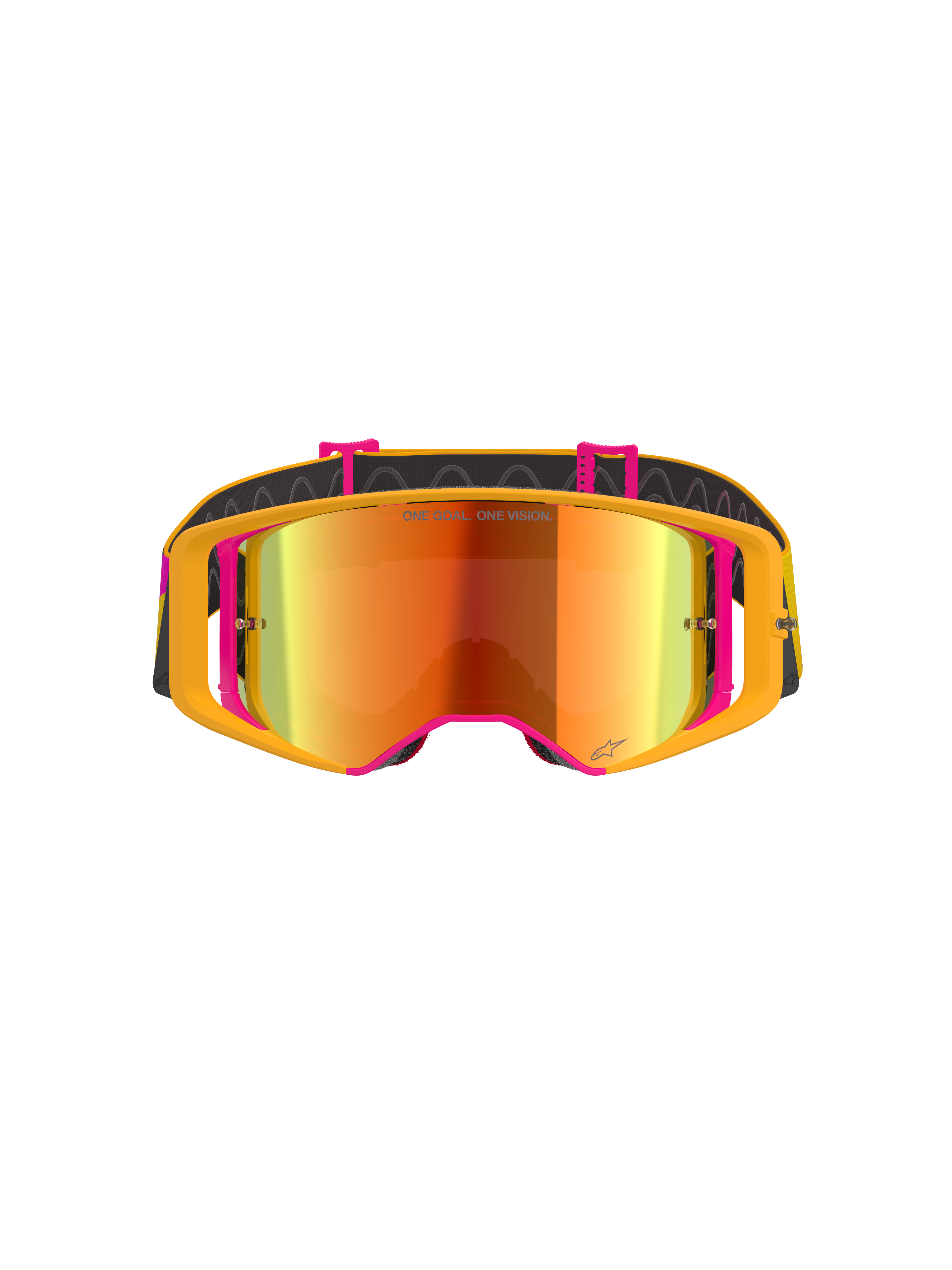 Alpinestars Supertech Corp Goggles Absolute Vision, motorcrossbril, geel en roze frame met rode spiegelende lens, vooraanzicht, voorzien van 'ONE GOAL. ONE VISION.' tekst op de lens, verstelbare zwarte band met siliconen grip