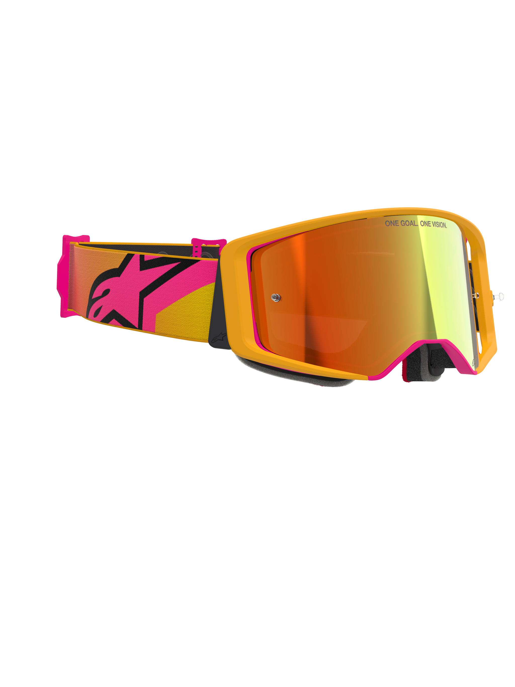 Alpinestars Supertech Corp Goggles Absolute Vision, motorcrossbril, geel met roze accenten en Mirror Red lens, voorzien van een brede roze en gele band met een groot Alpinestars-logo, 'ONE GOAL. ONE VISION.' gedrukt op de lens, hoogwaardige racebril voor off-road gebruik