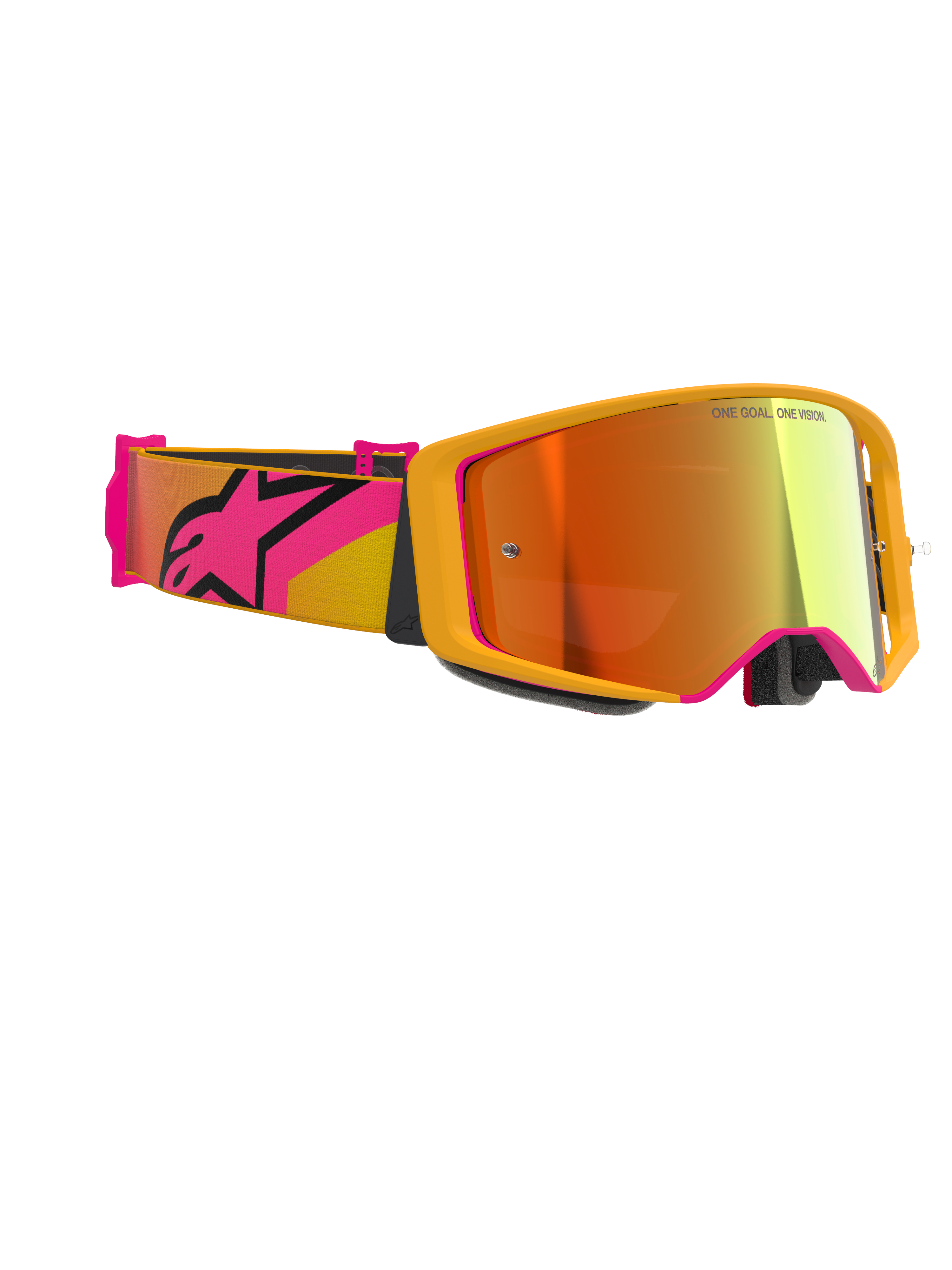 Alpinestars Supertech Corp Goggles Absolute Vision, motorcrossbril, geel met roze accenten en Mirror Red lens, voorzien van een brede roze en gele band met een groot Alpinestars-logo, 'ONE GOAL. ONE VISION.' gedrukt op de lens, hoogwaardige racebril voor off-road gebruik