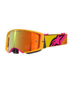 Alpinestars Supertech Corp Goggles Absolute Vision, motocrossbril, geel en roze mirror rood, met een felgeel frame, spiegelende lens met oranje en rode reflecties, gele band met groot roze Alpinestars ster-logo, professionele off-road racebril