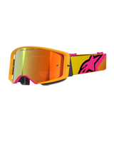 Alpinestars Supertech Corp Goggles Absolute Vision, motocrossbril, geel en roze mirror rood, met een felgeel frame, spiegelende lens met oranje en rode reflecties, gele band met groot roze Alpinestars ster-logo, professionele off-road racebril