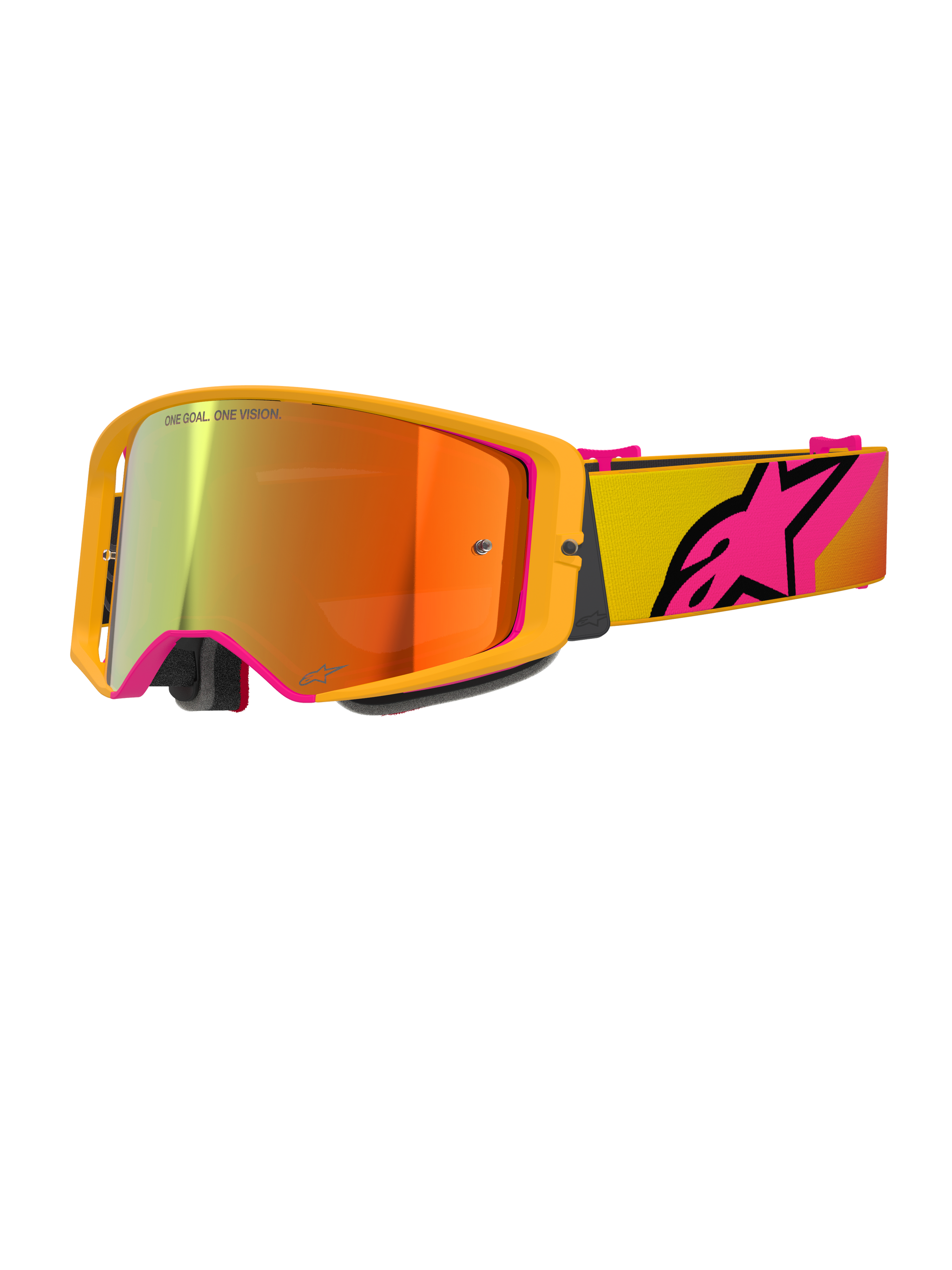 Alpinestars Supertech Corp Goggles Absolute Vision, motocrossbril, geel en roze mirror rood, met een felgeel frame, spiegelende lens met oranje en rode reflecties, gele band met groot roze Alpinestars ster-logo, professionele off-road racebril
