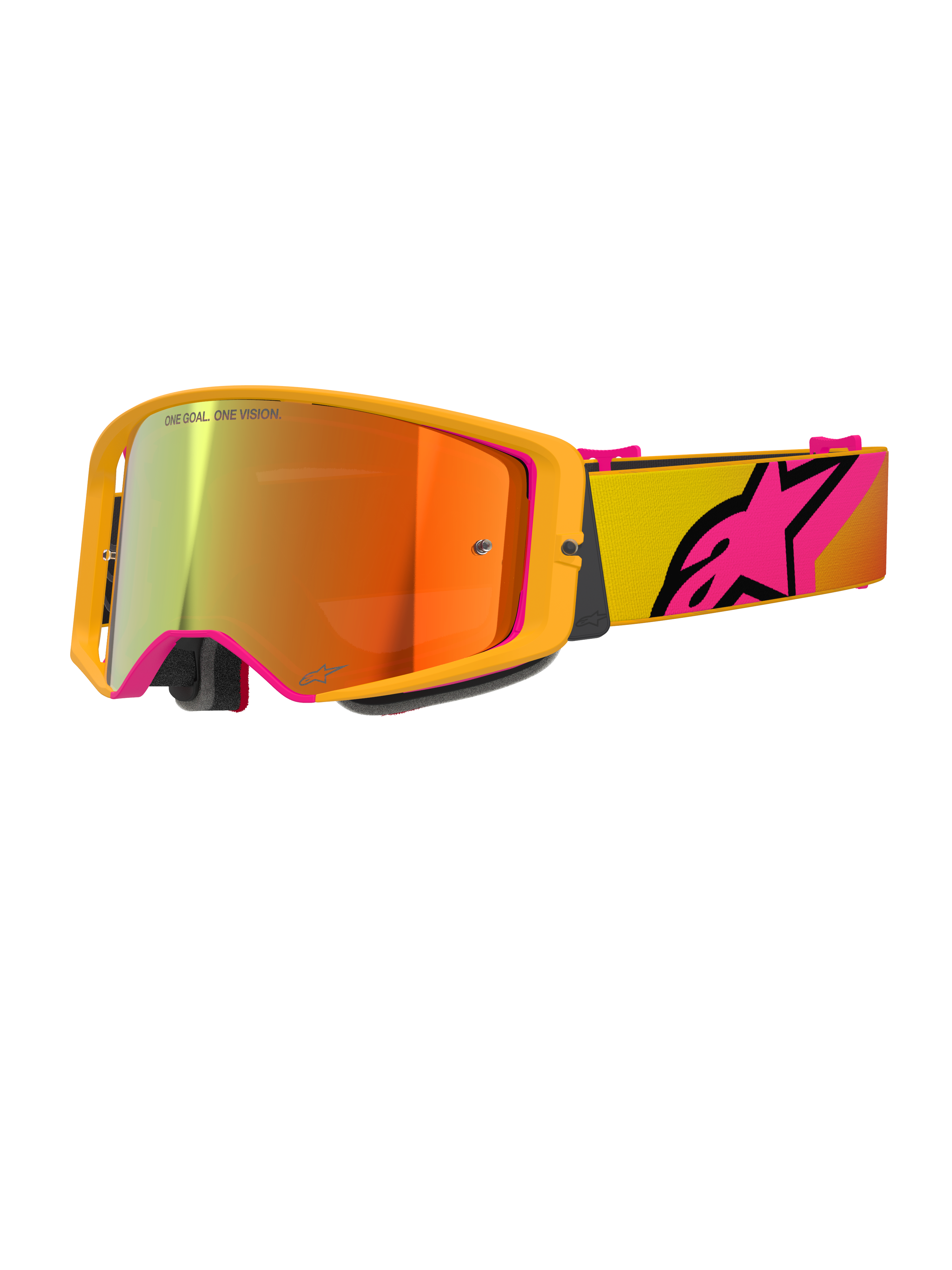 Alpinestars Supertech Corp Goggles Absolute Vision, motocrossbril, geel en roze mirror rood, met een felgeel frame, spiegelende lens met oranje en rode reflecties, gele band met groot roze Alpinestars ster-logo, professionele off-road racebril