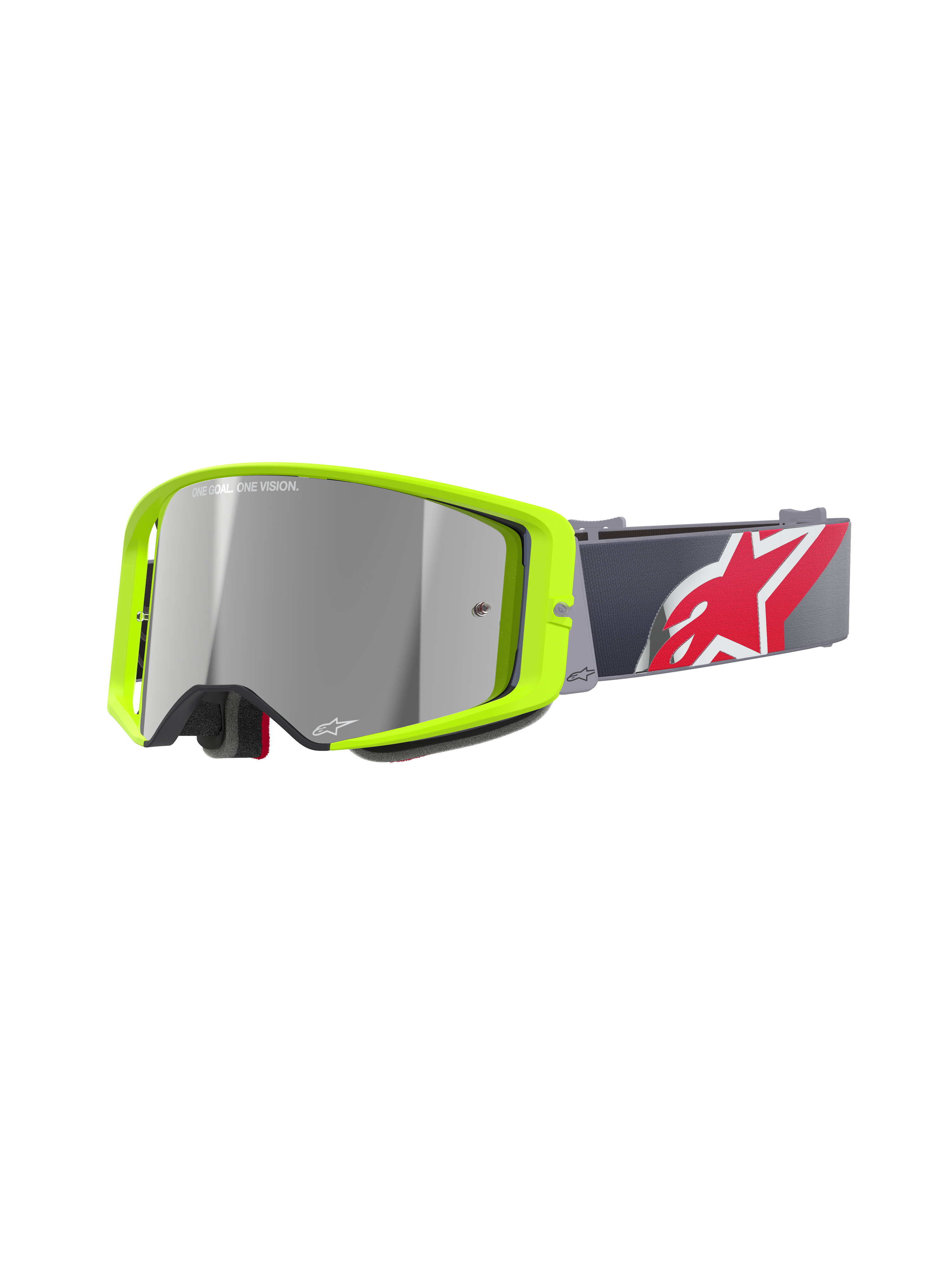 Alpinestars Supertech Corp Goggles Absolute Vision, motorcrossbril, felgeel fluo frame met zilveren spiegelende lens, grijze band met een groot rood-wit sterlogo, voorzien van 'ONE GOAL. ONE VISION.' opdruk op de lens, duurzaam ontwerp voor off-road racen