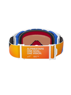 Alpinestars Supertech Corp Goggles Absolute Vision, Rear view featuring an orange and yellow gradient strap with white 'ALPINESTARS ONE GOAL. ONE VISION.' branding, blue and white frame components, black multi-layer face foam, and warm-tinted lens
