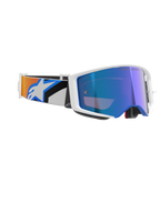 Alpinestars Supertech Corp Goggles Absolute Vision, Motocross Goggles, White Frame with Blue Mirror Lens, adjustable strap with blue and orange graphic design and Alpinestars logo, professional off-road racing eyewear