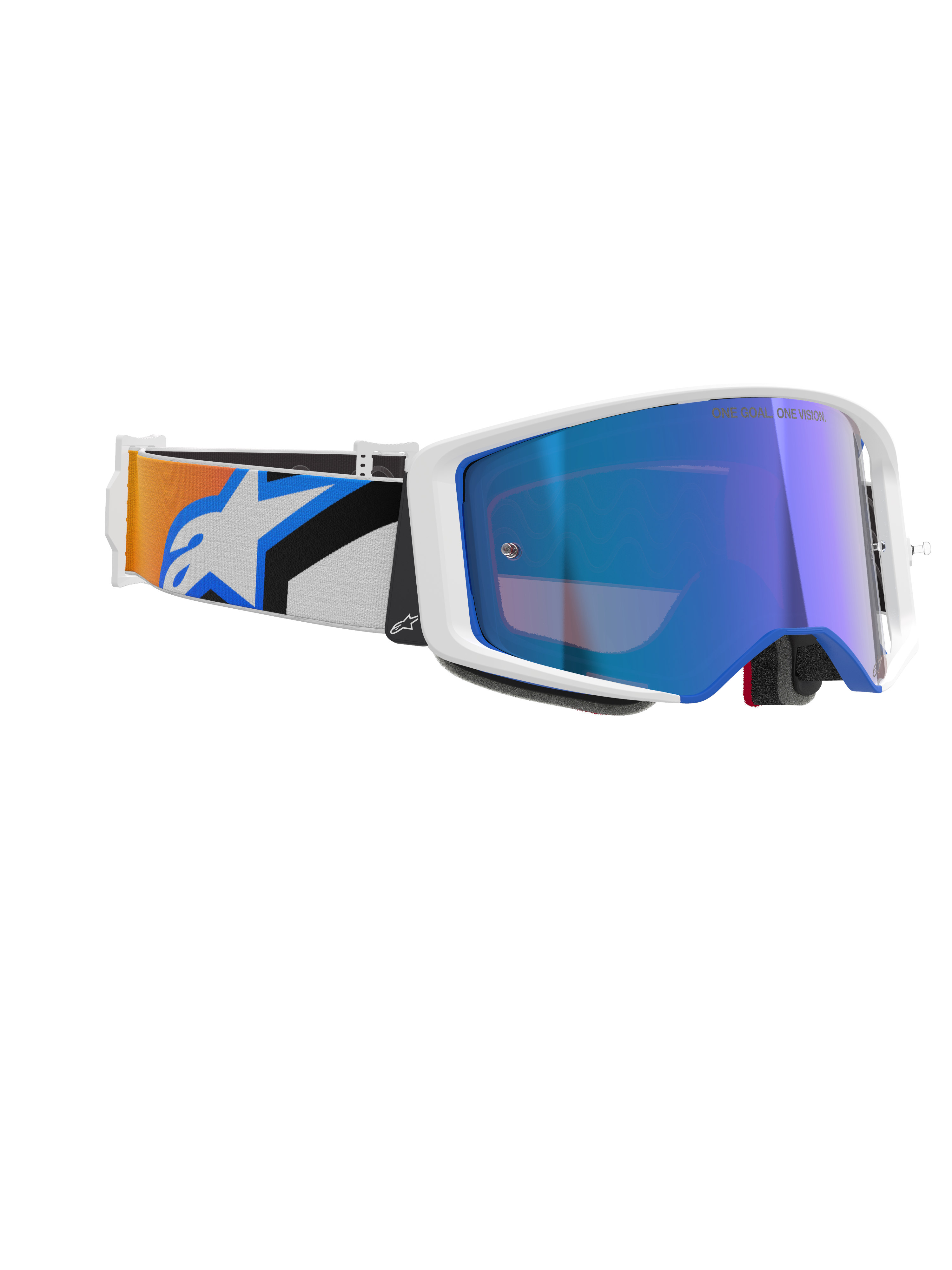 Alpinestars Supertech Corp Goggles Absolute Vision, Motocross Goggles, White Frame with Blue Mirror Lens, adjustable strap with blue and orange graphic design and Alpinestars logo, professional off-road racing eyewear