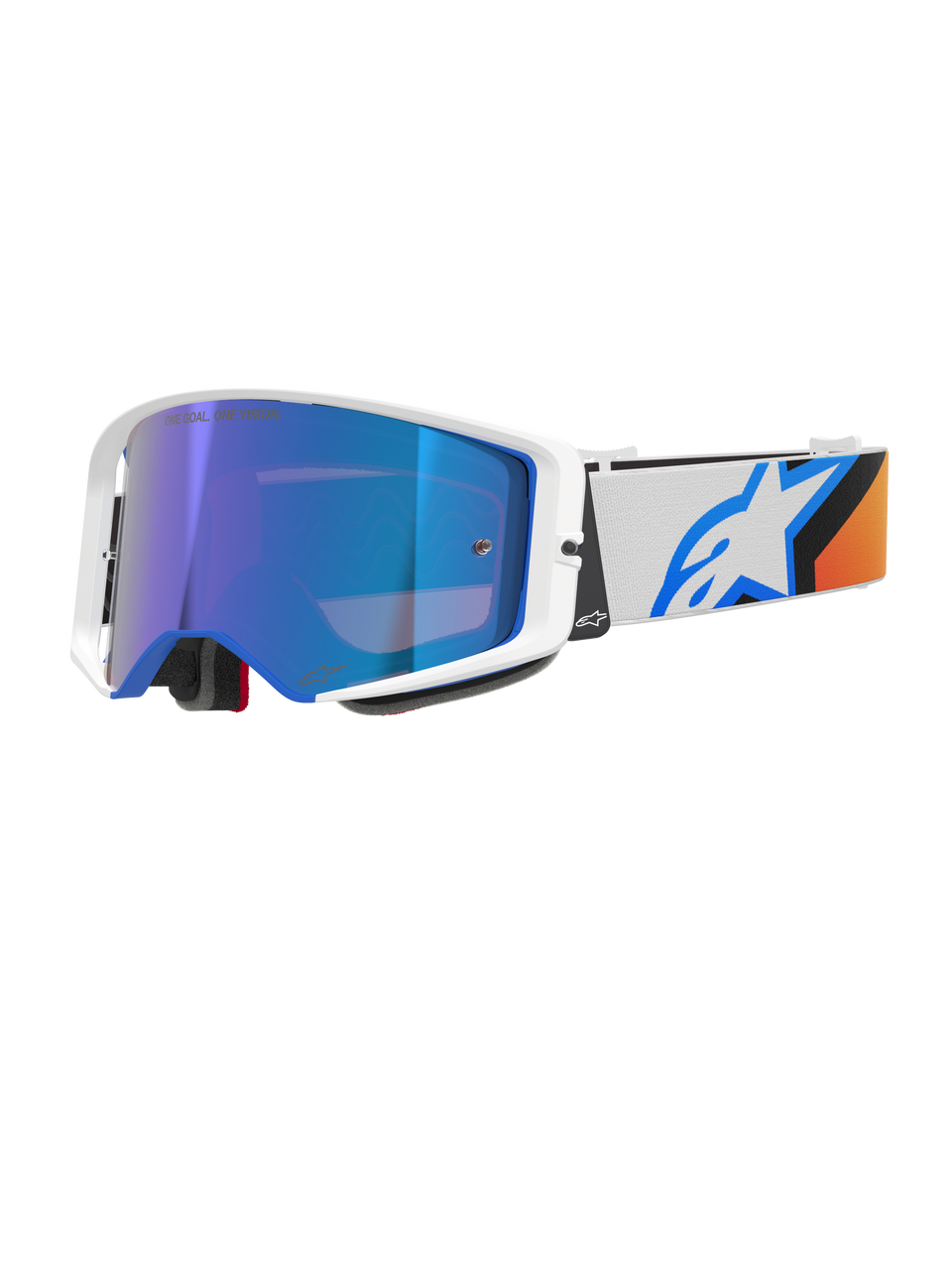 Alpinestars Supertech Corp Goggles Absolute Vision, motorcrossbril, blauw en oranje met Mirror Blue lens, wit en blauw frame, brede witte band met een opvallend blauw sterlogo en oranje accenten, hoogwaardige off-road oogbescherming