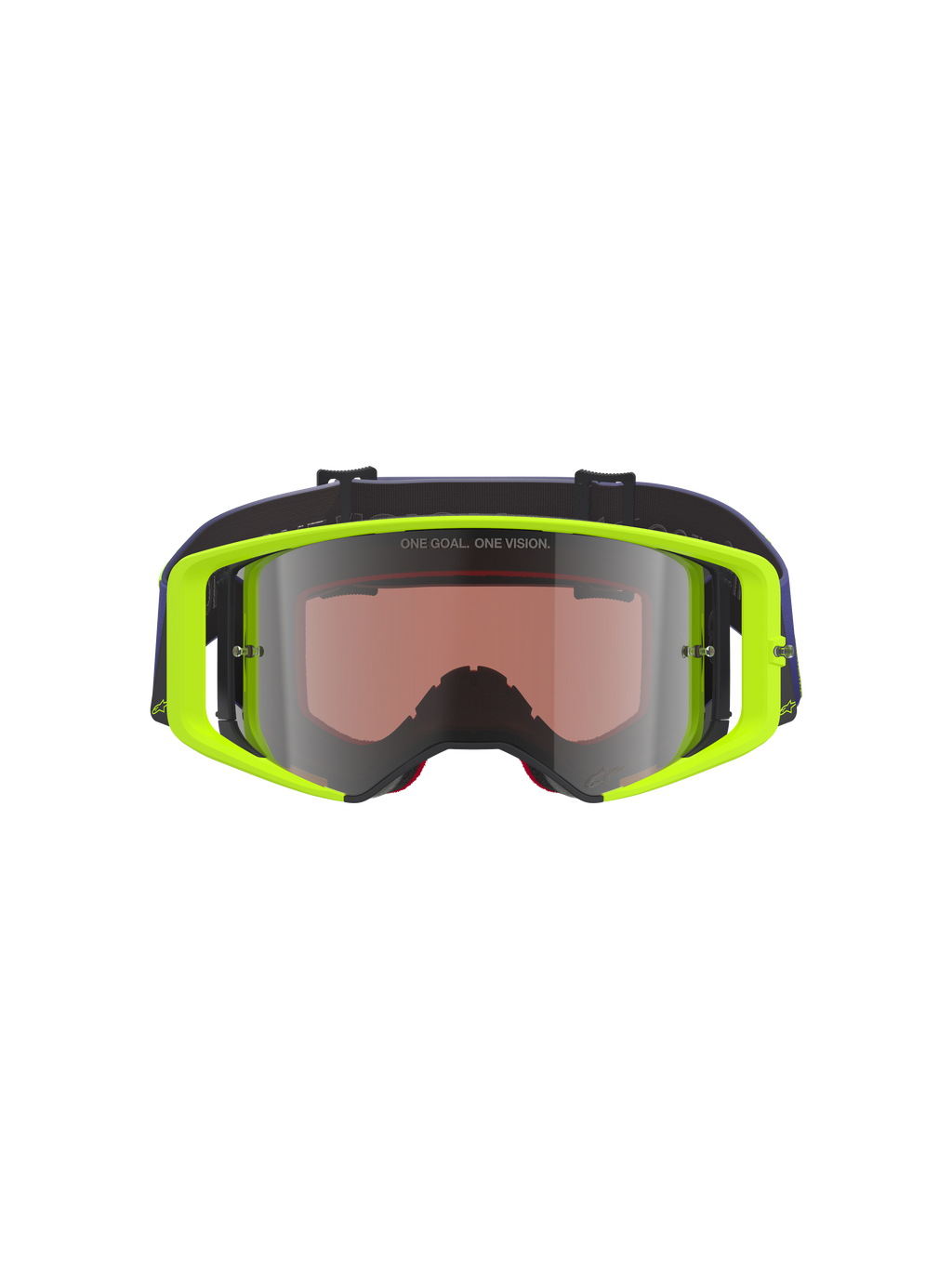 Alpinestars Supertech Vision Corp Goggles, Motocross Goggles, Fluorescent Yellow frame with Purple strap, Mirror Silver tinted lens featuring 'ONE GOAL. ONE VISION.' text, high-performance eye protection for off-road racing