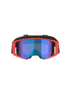 Alpinestars Supertech Vision Corp Goggles, Motocross Goggles, Hot Coral frame with Mirror Blue tinted lens, purple and orange gradient strap, featuring 'ONE GOAL. ONE VISION.' text, high-performance eye protection for off-road racing