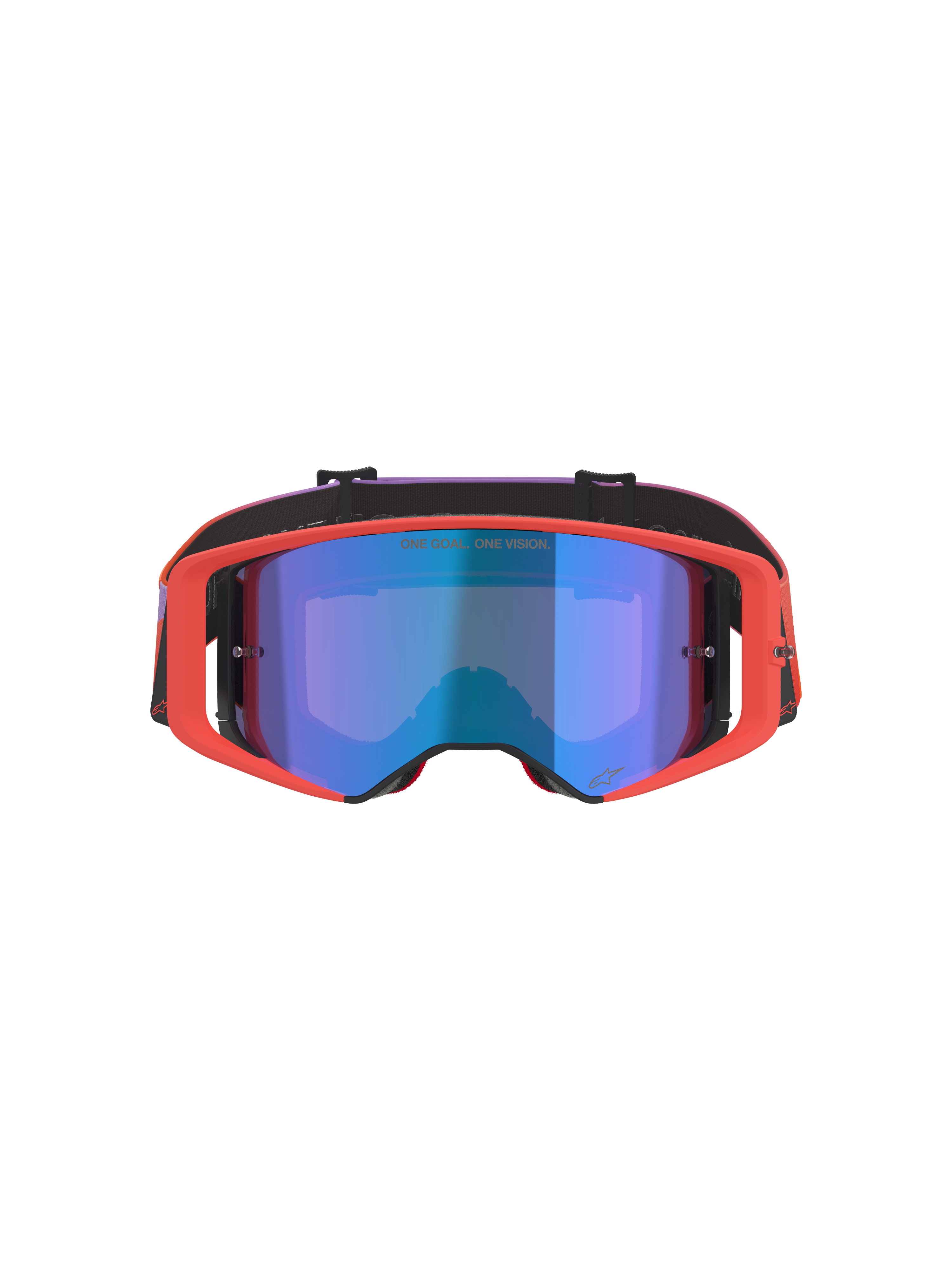Alpinestars Supertech Vision Corp Goggles, Motocross Goggles, Hot Coral frame with Mirror Blue tinted lens, purple and orange gradient strap, featuring 'ONE GOAL. ONE VISION.' text, high-performance eye protection for off-road racing