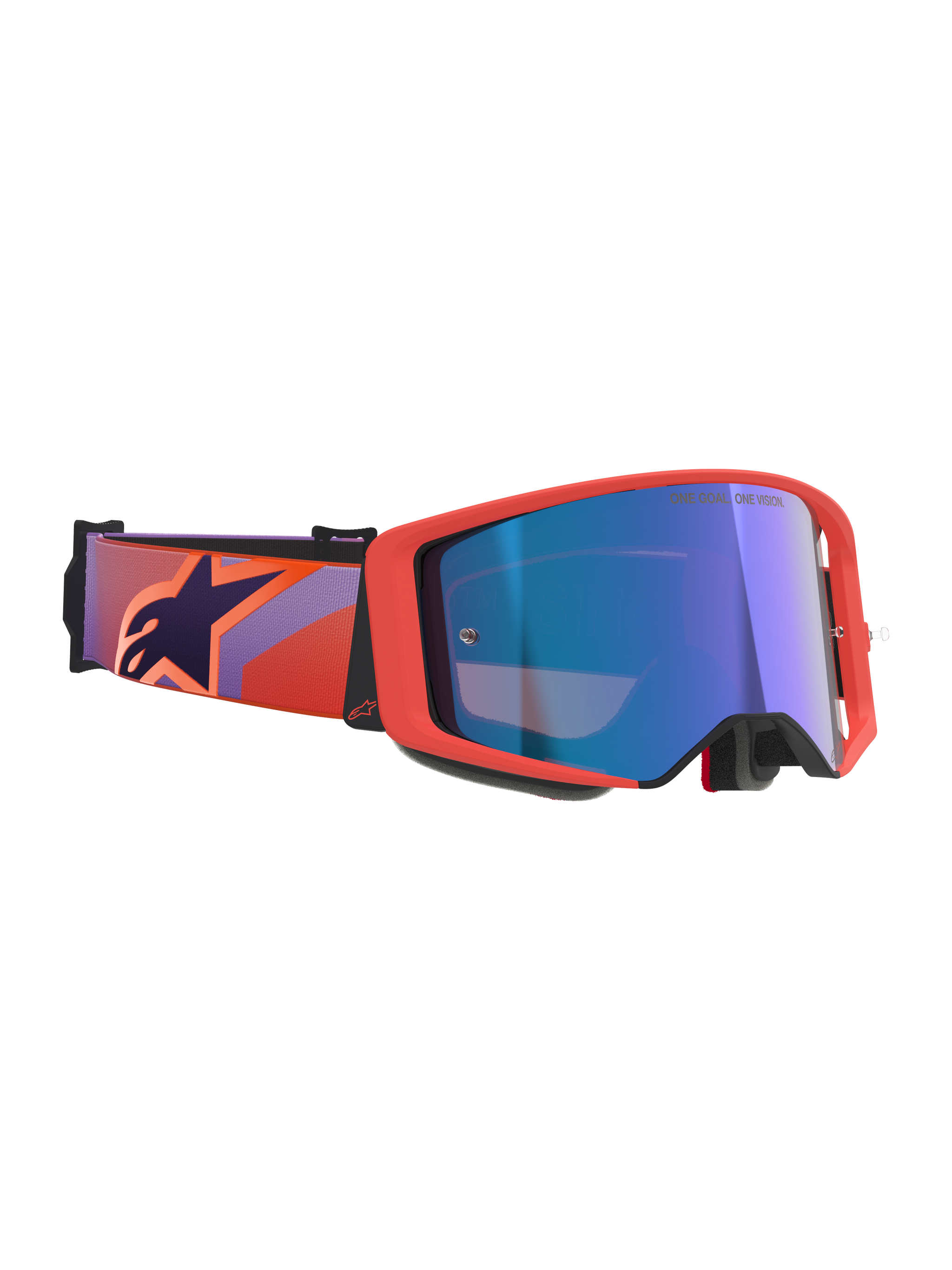 Alpinestars Supertech Vision Corp Goggles, motorcrossbril, Hot Coral frame en Mirror Blue lens, voorzien van een paars en koraalrood gedessineerde band met een donkerblauw sterlogo, kampioenschapsbewezen ontwerp voor off-road racing
