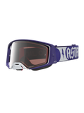 Alpinestars Supertech Atrox veiligheidsbril voor motorcross, blauw en wit met een zilveren spiegellens.
