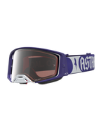 Alpinestars Supertech Atrox veiligheidsbril voor motorcross, blauw en wit met een zilveren spiegellens.