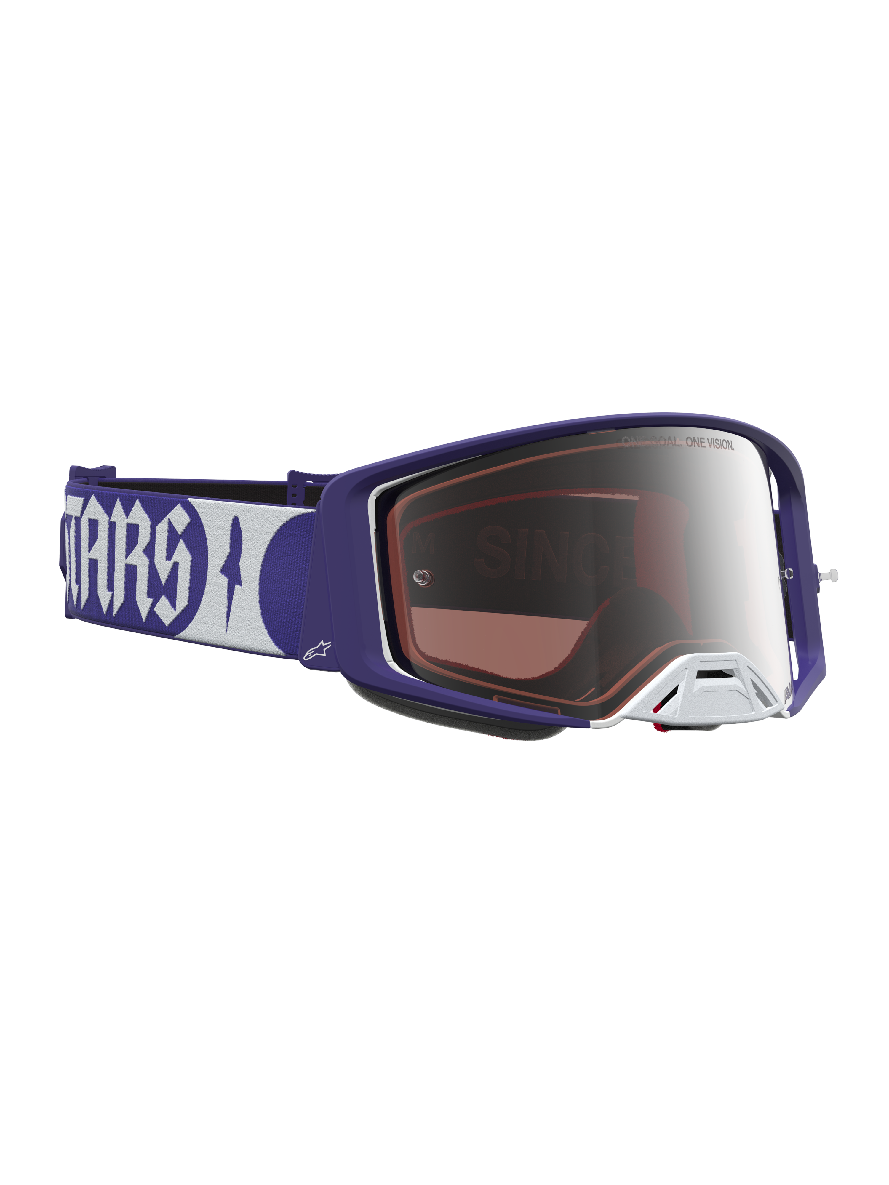 Alpinestars Supertech Atrox veiligheidsbril, motocrossbril voor off-road racing, blauw en wit met zilveren spiegellens.
