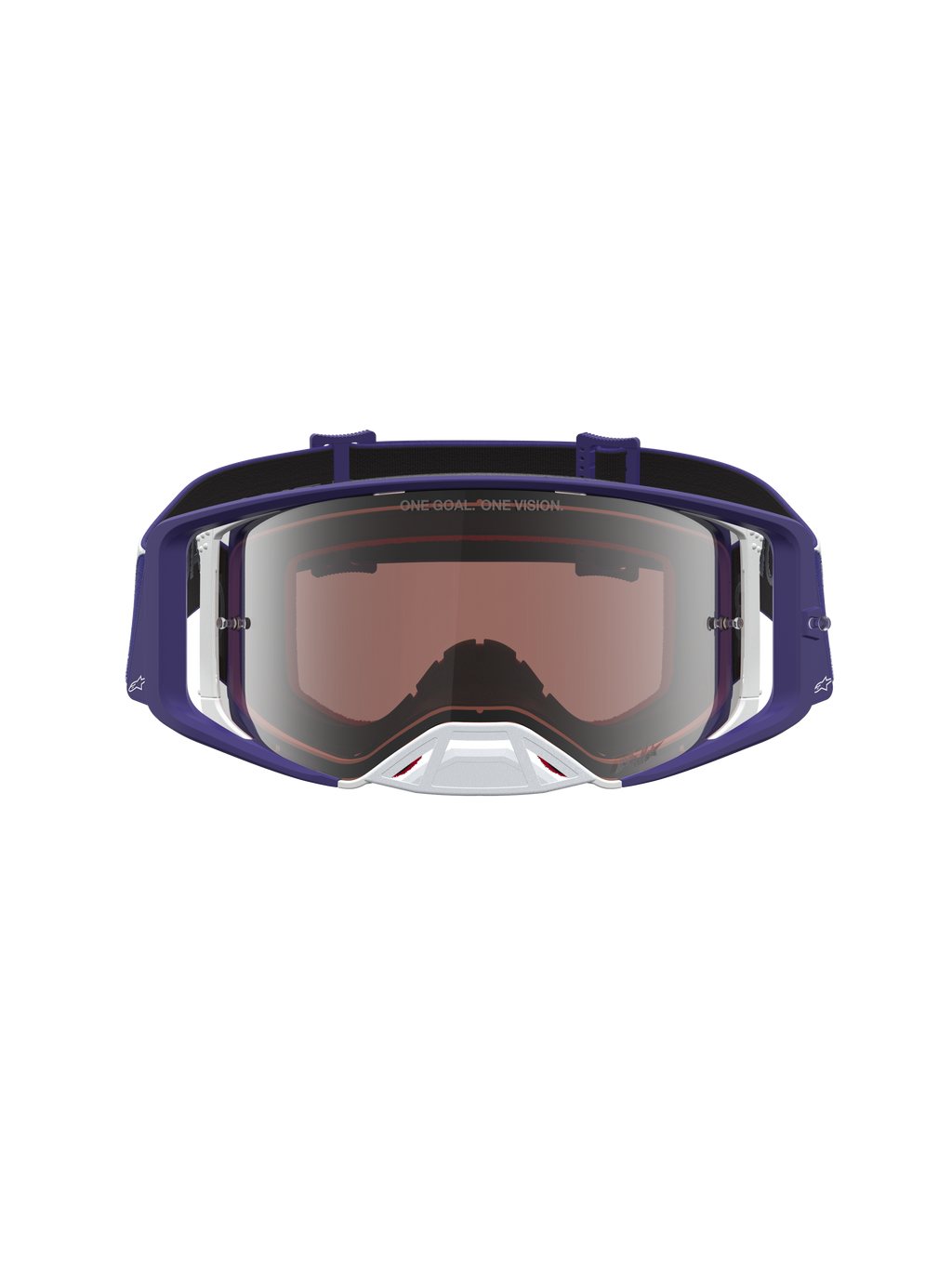 Alpinestars Supertech Atrox veiligheidsbril, motocrossbril, donkerblauw en wit, met spiegelende zilveren lens en race-optiek.